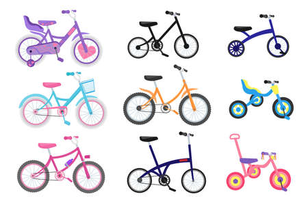 Vector illustration set of bicycles, bikes, wheels, transportation type. Cartoon style.のイラスト素材