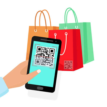 Scan QR code to phone. Shopping with qr code. Vectorのイラスト素材