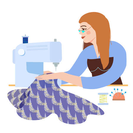 Fashionable girl seamstress dressmaker sews a stylish dress on a sewing machine. Vector illustrationの写真素材