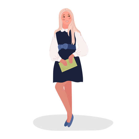 Cute schoolgirl with a notebook, in a fashionable blue uniform. Back to school. Vector illustration.のイラスト素材