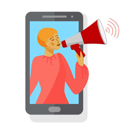 Woman in smartphone screen. Woman holding loudspeaker or bullhorn. Vector illustration in flat style.のイラスト素材