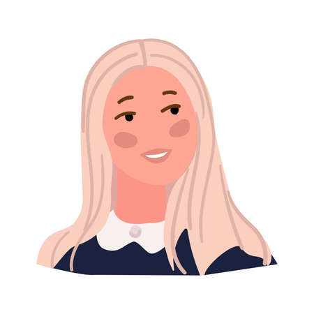 Blond girl avatar. Face of a student, schoolgirl. Isolated on a white background. Cartoon style. Vector illustrationのイラスト素材