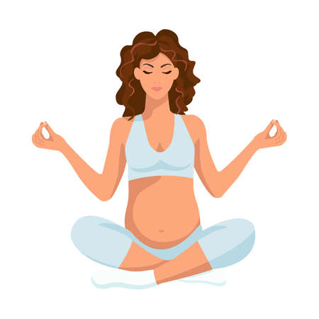 Yoga. Pregnant woman is sitting in the lotus position. Vector illustration. Cartoon style. Isolated white background.のイラスト素材