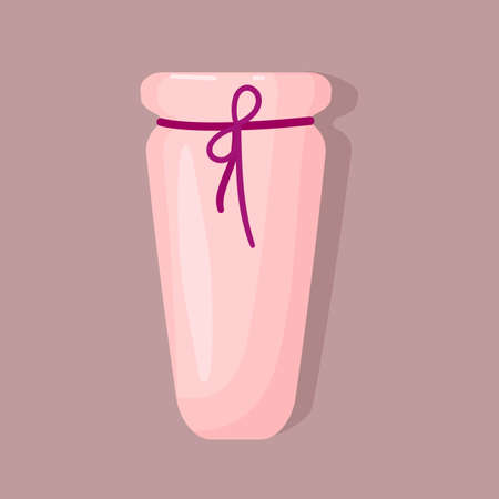 Ceramic flower vase with rope decorations. Isolated illustration on a brown background. Cartoon style. Vector.のイラスト素材