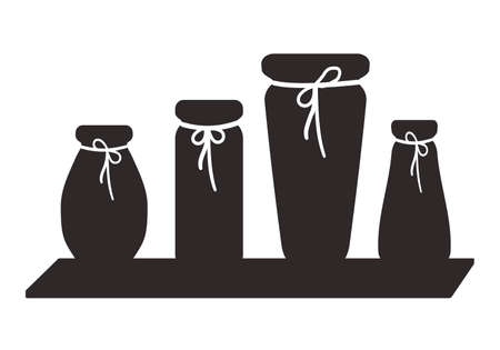 Silhouettes of ceramic flower vases with rope decorations on a shelf. Cartoon style. Isolated vector...