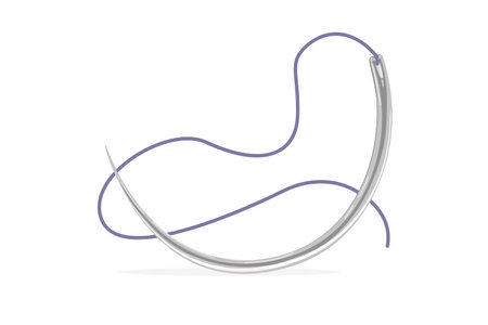 Surgical needle with attached suture material. Cartoon style. Vector illustration isolated on white background.のイラスト素材