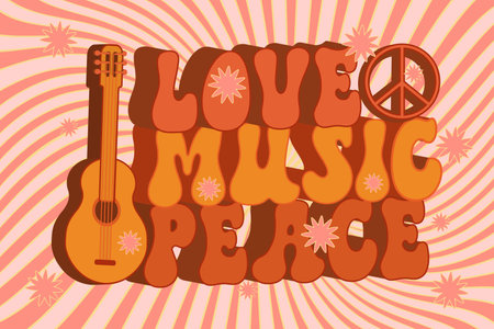 Groovy music with retro guitar Love peace Hippie style Vintage design Cartoon Vector illustration on a jolly backgroundのイラスト素材