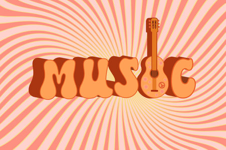 Groovy music Retro guitar with flowers Hippie style Vintage art design Cartoon Vector illustration on a jolly backgroundのイラスト素材