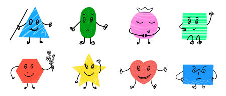 Funny geometric figures. Cute educational illustrations. Childish patterned color emoji characters.のイラスト素材