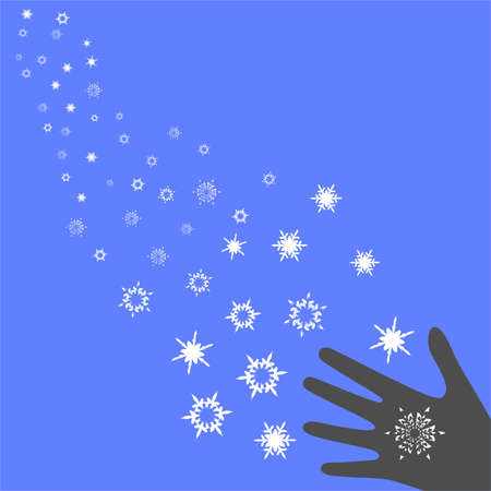 snowflakes falling on hand on blue background ,vector illustrationのイラスト素材