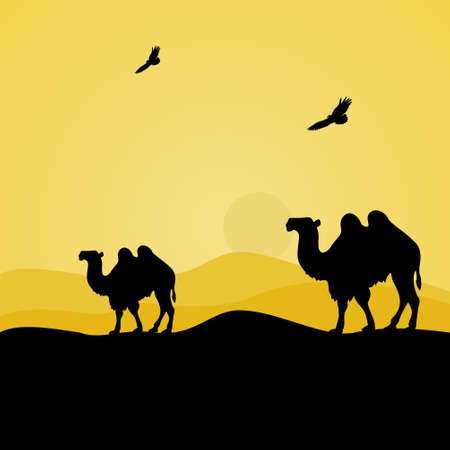 walking camels in the desert,vector illustrationのイラスト素材