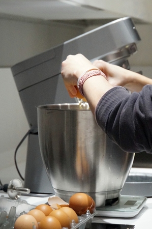 Kneading machine, kitchen view, preparing a cake