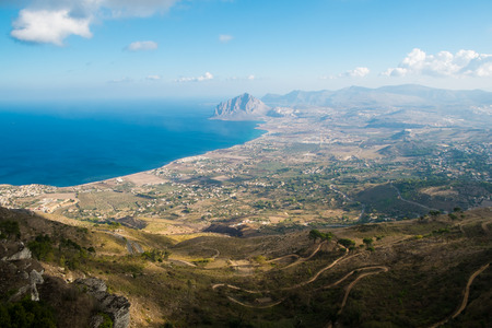 Aerial view of Sicily west coast from Erice, Italyの写真素材
