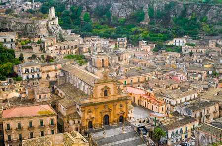 Aerial view of Modica old town with San Pietro Cathedral, Sicily, Italyの写真素材