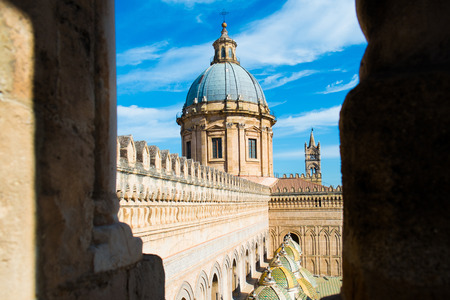 Dome and roof top of Santa Maria Assunta cathedral by night in Palermo, Sicily, Italyの写真素材