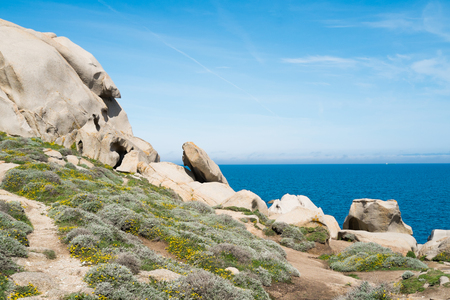 Trekking along the coast in Capo Testa, Santa Teresa di Gallura, Sardinia, Italyの写真素材