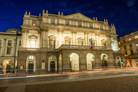 La Scala theater in the evening in Milan, Italyの写真素材