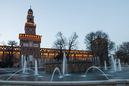 Sforzesco Castle with fountain in Milan, Italyのeditorial素材