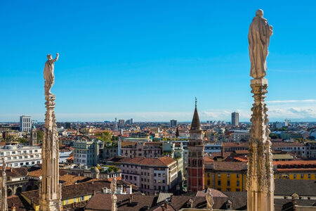 Aerial view of milan downtown with dome steepleの写真素材