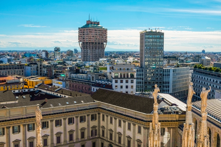 Aerial view of milan downtown with dome steepleの写真素材