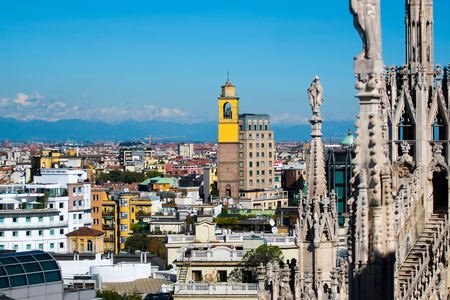 Aerial view of milan downtown with dome steepleの写真素材