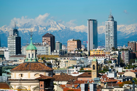 Aerial view of milan with alps mountains in the backgroundの写真素材