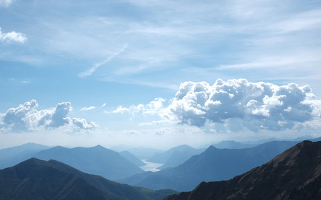View of Lecco and Como lake from the top of the mountains, Alps Mountains, Italyの写真素材