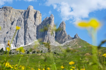 Sella mountain range from Sella pass, Dolomites, Italyの写真素材