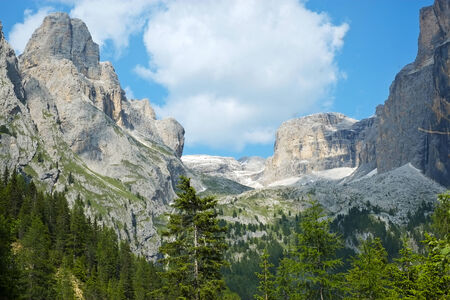 Sella mountain range and Sass Pordoi in Dolomites, Italyの写真素材
