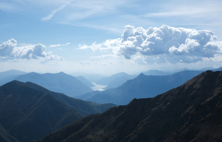 View of Lecco and Como lake from the top of the mountains, Alps Mountains, Italyの写真素材