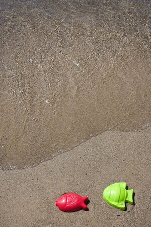 Plastic fishes on the seaside in a beach in Sardiniaの写真素材