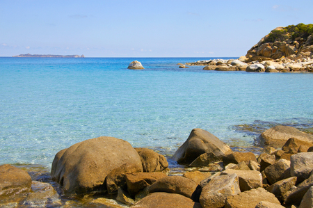 Sardinia coast in Villasimius with blue water, Italyの写真素材