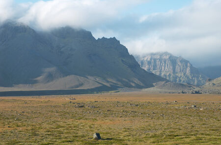 View of mountains from road Number One, south of Vatnajokull glacier, Icelandの写真素材