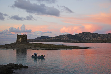 La Pelosa tower and Asinara Island at sunset, Stintino, Sardinia, Italyの写真素材