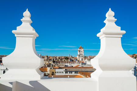 Aerial view of downtown Sucre with the cathedral from Felipe Neri monastery, Boliviaの写真素材