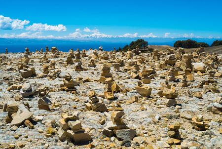 Cairns on Isla del Sol, Lake Titicaca, Boliviaの写真素材