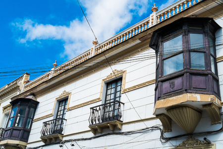 White historical buildigns in downtown Sucre, Boliviaの写真素材