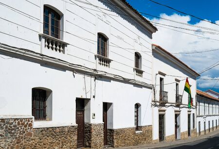 White historical buildigns in downtown Sucre, Boliviaの写真素材