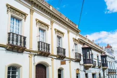 White historical buildigns in downtown Sucre, Boliviaの写真素材