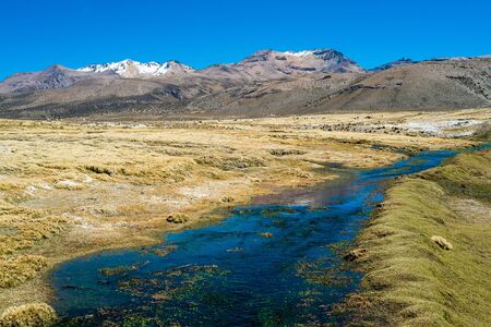 Landscape with river in Sajama National Park, Boliviaの写真素材