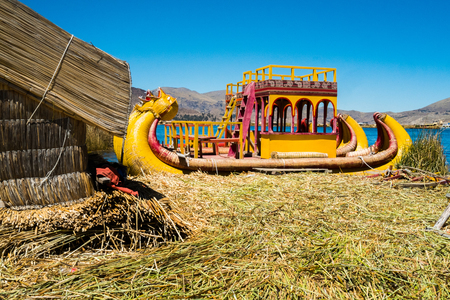 Typical boat in Uros floating islands, Puno, Peruの写真素材
