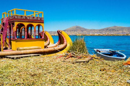 Typical boat in Uros floating islands, Puno, Peru