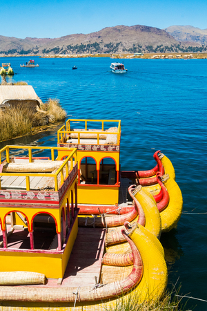 Typical boats in Uros floating islands, Puno, Peruの写真素材