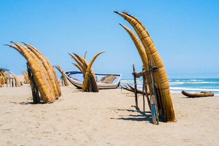 Typical fishing boat Caballitos on the beach of Pimentel, Chiclayo, Peruの写真素材