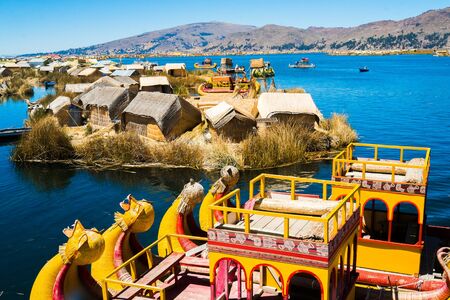 View of Uros floating islands with typical boats, Puno, Peruの写真素材