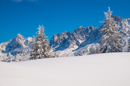 Winter landscape with Mont Blanc from Prarion, Les Houches, Chamonix, Franceの写真素材