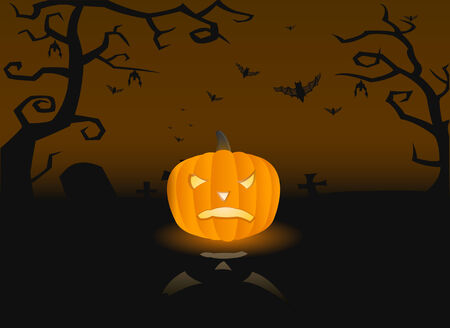 Vector illustration of a scary pumpkin on the grave with batsのイラスト素材