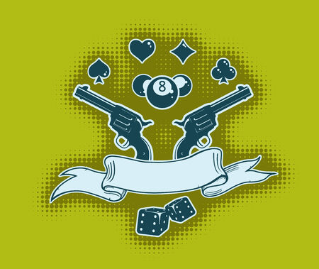 Vector stylish wallpaper with guns, cards, billiard balls, and ribbon for your textのイラスト素材