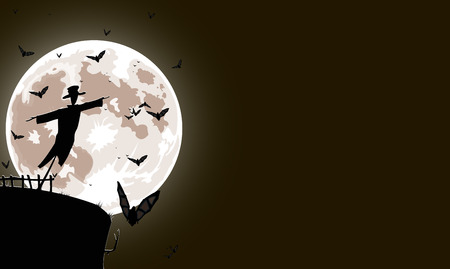 Vector illustration of scarecrow with full moon and bats on background, copy-space for your text のイラスト素材