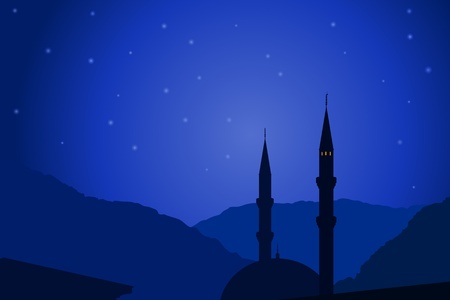 illustration of dark blue Arabic night with mosque silhouette のイラスト素材